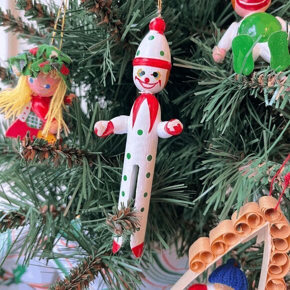 Vintage Wooden & Felt Christmas Ornaments Set of 4 Clowns, Girl, Swing Boy - Picture 7 of 7